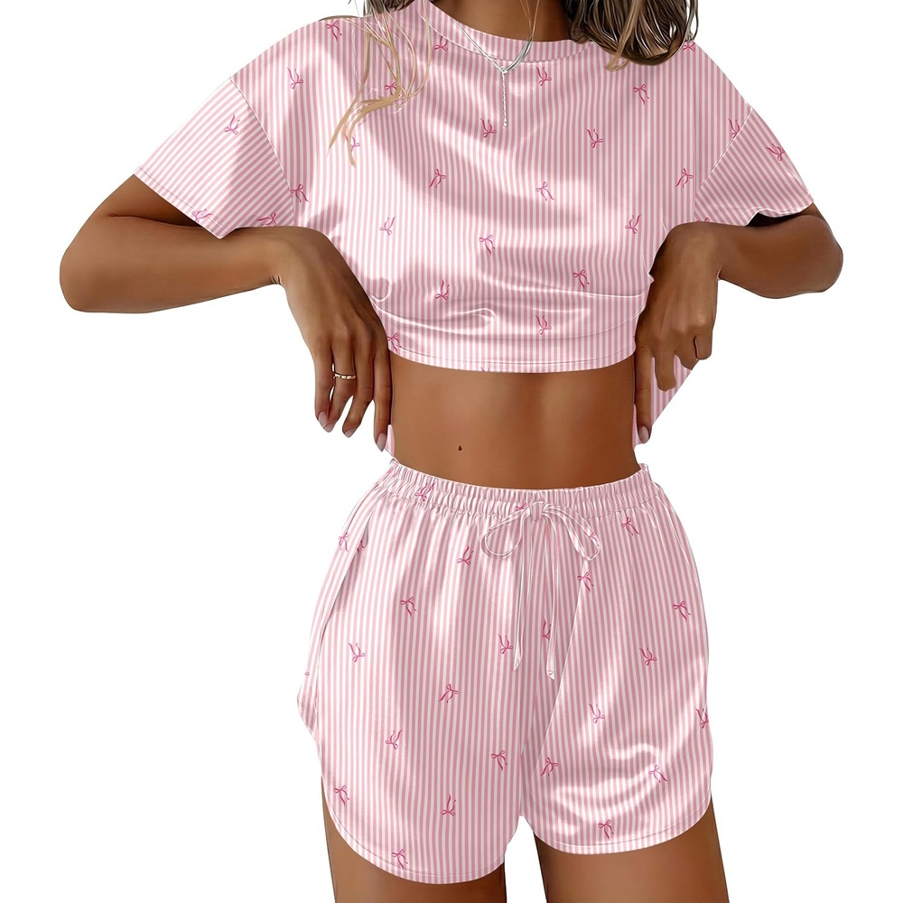 image:imageEkouaer Womens Silk Pajama Sets Side Split Shorts Satin Pjs Sexy Lounge SetPink Striped Bow
