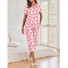 Ekouaer 2 Pack Womens Pajamas Sets Short Sleeve Tops and Capri Pants Pjs(Cherry)
