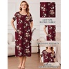 Ekouaer Cotton Nightgowns for Women Long Pleated House Dresses with Pockets(Wine Red Flower)