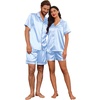Ekouaer Couple Matching Pajamas Sets Silk Short Sleeve Button Up Sleepwear(Light Blue)