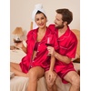 Ekouaer Couple Matching Pajamas Sets Silk Short Sleeve Button Up Sleepwear(Red)