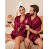 Ekouaer Couple Matching Pajamas Sets Silk Short Sleeve Button Up Sleepwear(Wine)