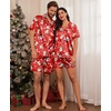 Ekouaer Couple Matching Pajamas Sets Silk Short Sleeve Button Up Sleepwear(Xmas Red)