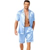 Ekouaer Mens Pajamas Set Silk Satin Pjs Short Sleeve Button Up Lounge Sets(Light Blue)