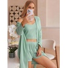 Ekouaer Pajamas for Women Set 3 Piece Soft Waffle Knit Loungewear Outfit(Grey Green)