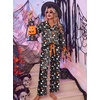 Ekouaer Women Classic Button Down Long Satin Pajamas Set Cute Bow Sleepwear(Halloween Printed)