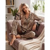 Ekouaer Women Classic Button Down Long Satin Pajamas Set Cute Bow Sleepwear(Leopard)