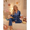 Ekouaer Women Classic Button Down Long Satin Pajamas Set Cute Bow Sleepwear(Midnight Blue)