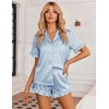 Ekouaer Womens Satin Pajamas Set Button Up Silk Pjs Short Sleeve Shorts Set(Blue Gray Stripes)