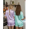 Ekouaer Womens Satin Pajamas Set Button Up Silk Pjs Short Sleeve Shorts Set(Green White Stripes)