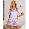 Ekouaer Womens Satin Pajamas Set Button Up Silk Pjs Short Sleeve Shorts Set(Purple White Stripes)