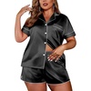 Ekouaer Womens Silk Satin Pajamas Set Short Sleeve Sleepwear S-5X Plus Size(Black)