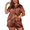 Ekouaer Womens Silk Satin Pajamas Set Short Sleeve Sleepwear S-5X Plus Size(Brown)