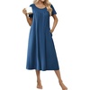 Ekouaer Cotton Nightgowns for Women Long Pleated House Dresses with Pockets(Navy Blue)