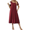 Ekouaer Cotton Nightgowns for Women Long Pleated House Dresses with Pockets(Wine Red)
