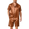 Ekouaer Mens Pajamas Set Silk Satin Pjs Short Sleeve Button Up Lounge Sets(Brown)