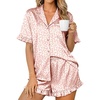 Ekouaer Womens Satin Pajamas Set Button Up Silk Pjs Short Sleeve Shorts Set(Coffee Pink Leopard)