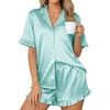 Ekouaer Womens Satin Pajamas Set Button Up Silk Pjs Short Sleeve Shorts Set(Green White Stripes)