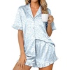 Ekouaer Womens Satin Pajamas Set Button Up Silk Pjs Short Sleeve Shorts Set(Light Blue Leopard)