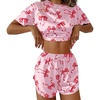Ekouaer Womens Silk Pajama Sets Side Split Shorts Satin Pjs Sexy Lounge Set(Red Bow)