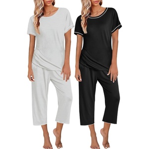 Ekouaer 2 Pack Womens Pajamas Sets Short Sleeve Tops and Capri Pants Pjs(Black  Grey Stripe)