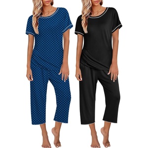 Ekouaer 2 Pack Womens Pajamas Sets Short Sleeve Tops and Capri Pants Pjs(Black  Polka Dots)