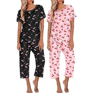 Ekouaer 2 Pack Womens Pajamas Sets Short Sleeve Tops and Capri Pants Pjs(Cherry)