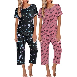 Ekouaer 2 Pack Womens Pajamas Sets Short Sleeve Tops and Capri Pants Pjs(Stars  Love)