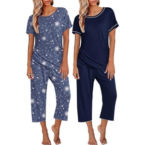 Ekouaer 2 Pack Womens Pajamas Sets Short Sleeve Tops and Capri Pants Pjs(Stars Sky  Navy Blue)