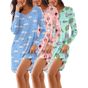 Ekouaer 3 Pack Long Sleeve Nightgowns for Women Casual Sleepwear Nightshirt(Beach moon pink Sheep)