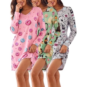 Ekouaer 3 Pack Long Sleeve Nightgowns for Women Casual Sleepwear Nightshirt(Dog Print cat Print donut Print)