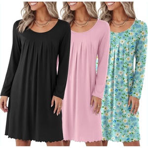 Ekouaer 3 Pack Womens Long Sleeve Nightgowns Soft Sleep Shirt Sleepwear(Black light Pink blue Floral)