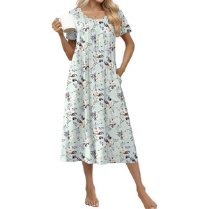 Ekouaer Cotton Nightgowns for Women Long Pleated House Dresses with Pockets(Flowers Green)