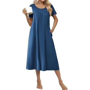 Ekouaer Cotton Nightgowns for Women Long Pleated House Dresses with Pockets(Navy Blue)