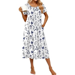 Ekouaer Cotton Nightgowns for Women Long Pleated House Dresses with Pockets(Navy Blue Flower)