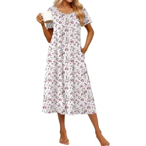 Ekouaer Cotton Nightgowns for Women Long Pleated House Dresses with Pockets(Pink Cuttlefish)
