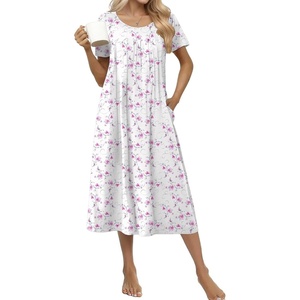 Ekouaer Cotton Nightgowns for Women Long Pleated House Dresses with Pockets(Watercolor Flowers Pink)