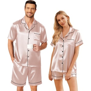 Ekouaer Couple Matching Pajamas Sets Silk Short Sleeve Button Up Sleepwear(Champagne)
