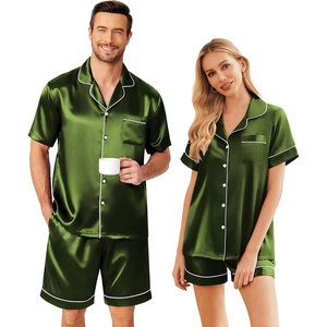 Ekouaer Couple Matching Pajamas Sets Silk Short Sleeve Button Up Sleepwear(Dark Army Green)