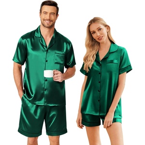 Ekouaer Couple Matching Pajamas Sets Silk Short Sleeve Button Up Sleepwear(Green)