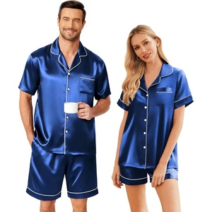 Ekouaer Couple Matching Pajamas Sets Silk Short Sleeve Button Up Sleepwear(Royal Blue)