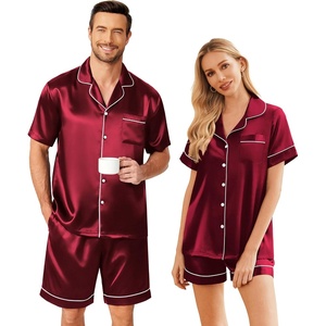 Ekouaer Couple Matching Pajamas Sets Silk Short Sleeve Button Up Sleepwear(Wine)