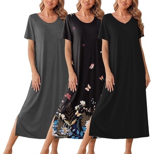 Ekouaer Long Nightgowns for Women 3 Pack Plus Size Short Sleeve House Dress(Black/Grey/Black Butterfly)
