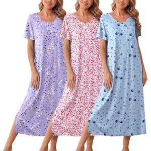 Ekouaer Long Nightgowns for Women 3 Pack Plus Size Short Sleeve House Dress(Blue Moon Star/Purple Star/Pink Floral)