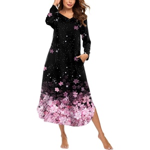 Ekouaer Long Nightgowns for Women Long Sleeve House Dress with Pockets(Black Pink Sakura)