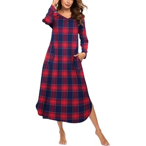 Ekouaer Long Nightgowns for Women Long Sleeve House Dress with Pockets(Blue & Black Plaid)