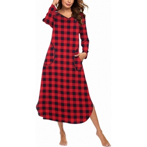Ekouaer Long Nightgowns for Women Long Sleeve House Dress with Pockets(Red & Black Plaid)
