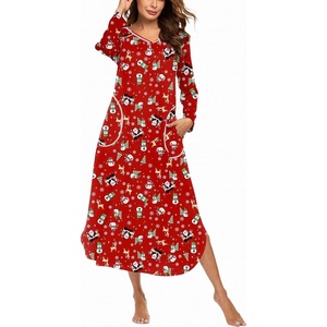 Ekouaer Long Nightgowns for Women Long Sleeve House Dress with Pockets(Red Christmas)