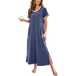 Ekouaer Long Nightgowns for Women Short Sleeve Night Gown with Pockets(A-navy Blue)