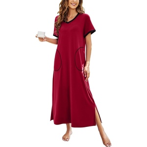 Ekouaer Long Nightgowns for Women Short Sleeve Night Gown with Pockets(A-wine Red)